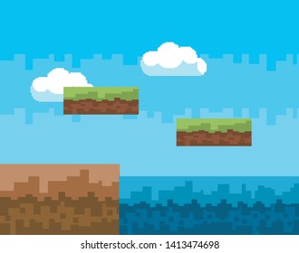 Arcade game world and pixel scene design  vector illustration