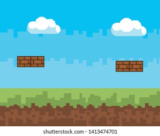 Arcade game world and pixel scene design  vector illustration