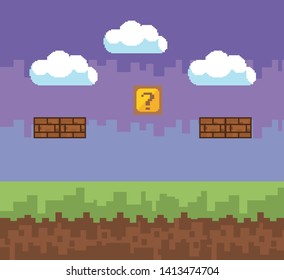 Arcade game world and pixel scene design  vector illustration