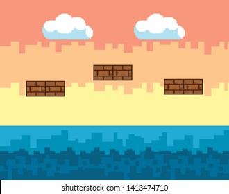 Arcade game world and pixel scene design  vector illustration