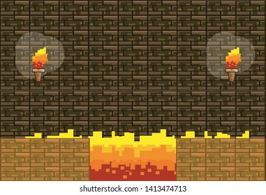 Arcade game world and pixel scene design  vector illustration