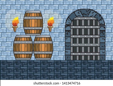 Arcade game world and pixel scene design  vector illustration