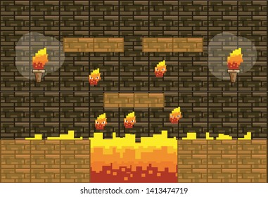 Arcade game world and pixel scene design  vector illustration