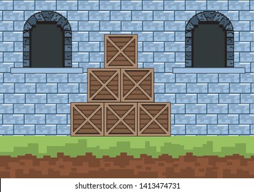 Arcade game world and pixel scene design  vector illustration