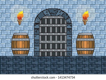 Arcade game world and pixel scene design  vector illustration