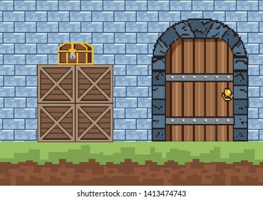 Arcade game world and pixel scene design  vector illustration