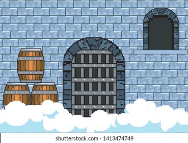 Arcade game world and pixel scene design  vector illustration