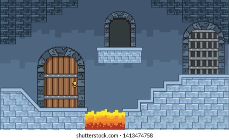 Arcade game world and pixel scene design  vector illustration