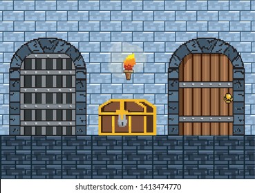 Arcade game world and pixel scene design  vector illustration