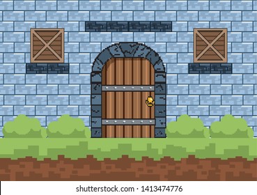 Arcade game world and pixel scene design  vector illustration