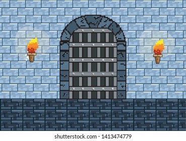 Arcade game world and pixel scene design  vector illustration