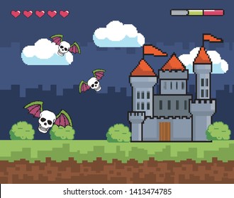Arcade game world and pixel scene design  vector illustration