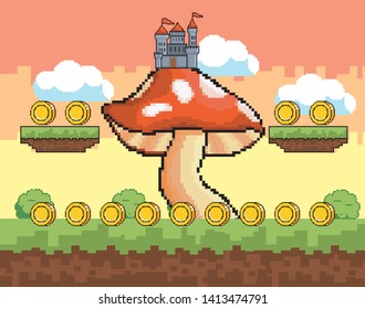 Arcade game world and pixel scene design  vector illustration