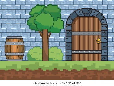 Arcade game world and pixel scene design  vector illustration
