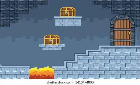Arcade game world and pixel scene design  vector illustration