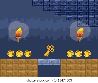 Arcade game world and pixel scene design  vector illustration
