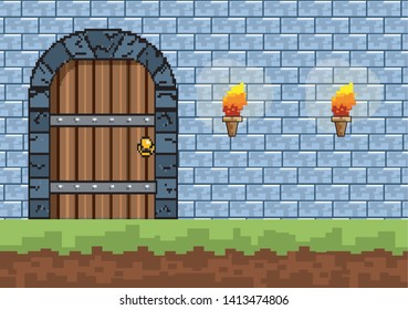 Arcade game world and pixel scene design  vector illustration