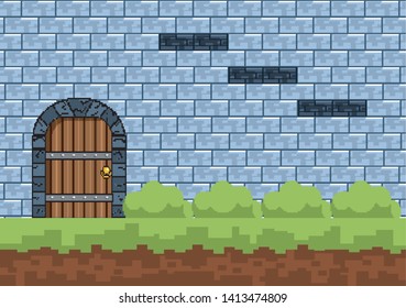 Arcade game world and pixel scene design  vector illustration
