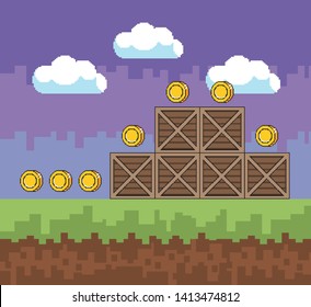 Arcade game world and pixel scene design  vector illustration