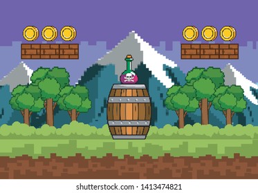Arcade game world and pixel scene design  vector illustration