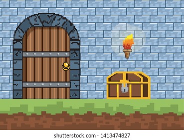 Arcade game world and pixel scene design  vector illustration