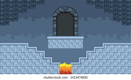 Arcade game world and pixel scene design  vector illustration