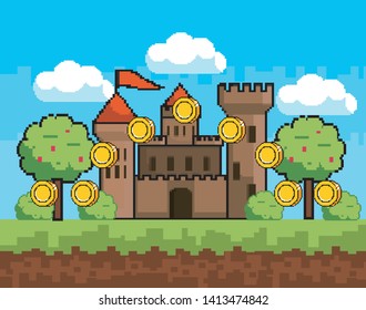 Arcade game world and pixel scene design  vector illustration
