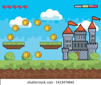 Arcade game world and pixel scene design  vector illustration