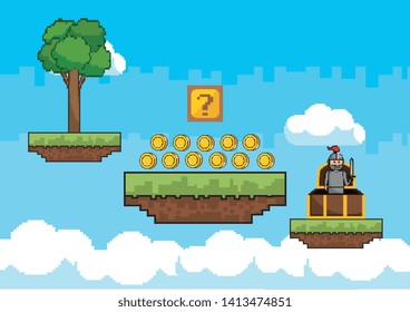 Arcade game world and pixel scene design  vector illustration