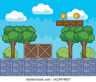 Arcade game world and pixel scene design  vector illustration