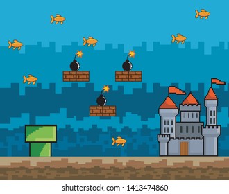 Arcade game world and pixel scene design  vector illustration