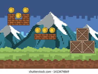 Arcade game world and pixel scene design  vector illustration