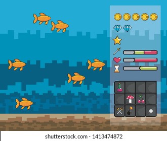 Arcade game world and pixel scene design  vector illustration