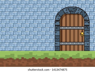 Arcade game world and pixel scene design  vector illustration