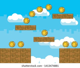 Arcade game world and pixel scene design  vector illustration
