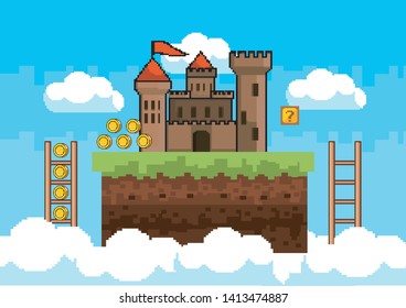 Arcade game world and pixel scene design  vector illustration