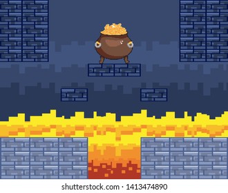 Arcade game world and pixel scene design  vector illustration