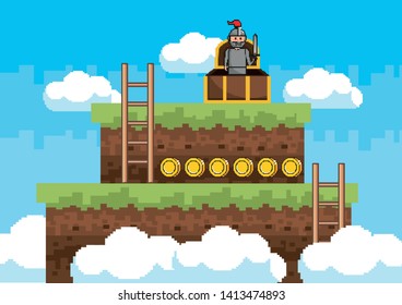 Arcade game world and pixel scene design  vector illustration