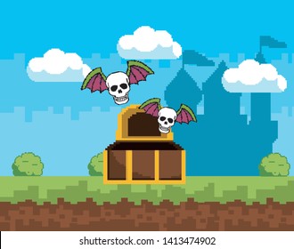 Arcade game world and pixel scene design  vector illustration