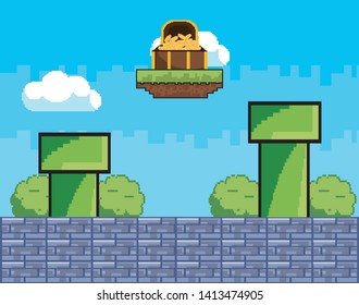 Arcade game world and pixel scene design  vector illustration
