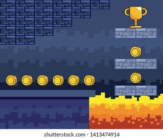 Arcade game world and pixel scene design  vector illustration