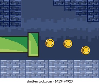 Arcade game world and pixel scene design  vector illustration