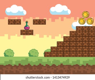 Arcade game world and pixel scene design  vector illustration