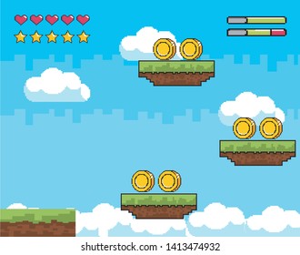 Arcade game world and pixel scene design  vector illustration