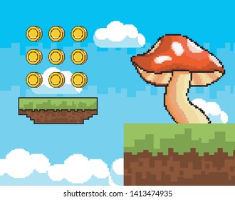 Arcade game world and pixel scene design  vector illustration