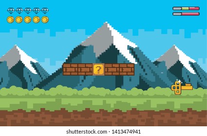 Arcade game world and pixel scene design  vector illustration