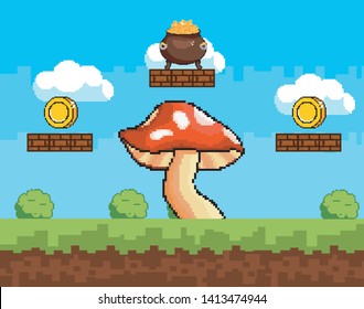 Arcade game world and pixel scene design  vector illustration
