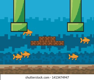 Arcade game world and pixel scene design  vector illustration