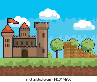 Arcade game world and pixel scene design  vector illustration