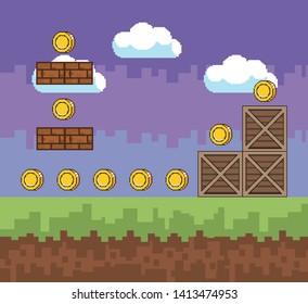 Arcade game world and pixel scene design  vector illustration